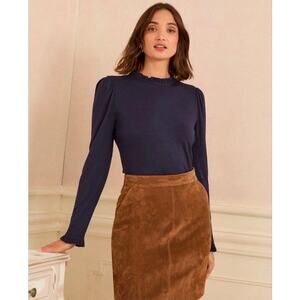 Womens Boden Love & Roses Navy Frill Neck Long Sleeve Jersey Top Sz 14 Blue